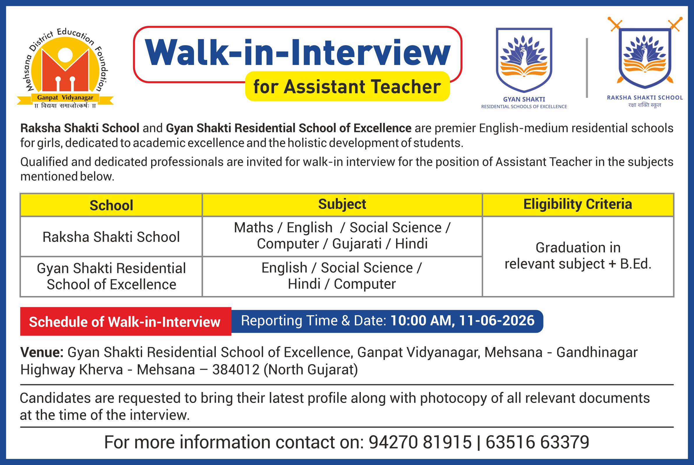 Recruitment - Raksha Shakti School & Gyan Shakti Residential School of Excellence