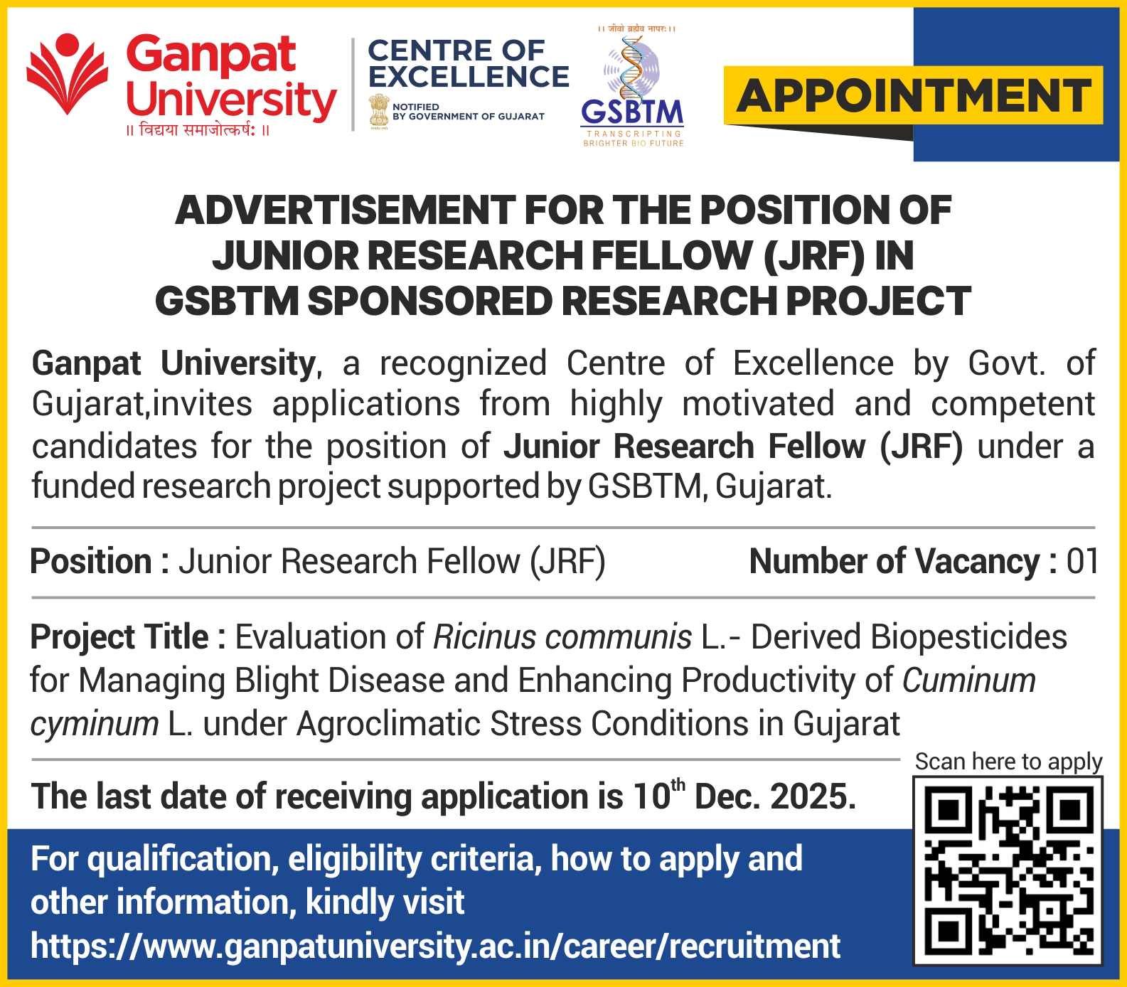 Requirement for Junior Research Fellow (JRF)