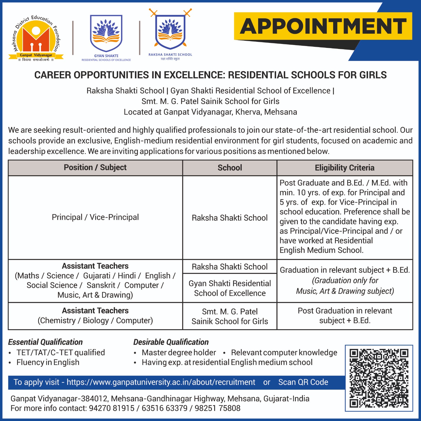 Recruitment - Raksha Shakti School & Gyan Shakti Residential School of Excellence